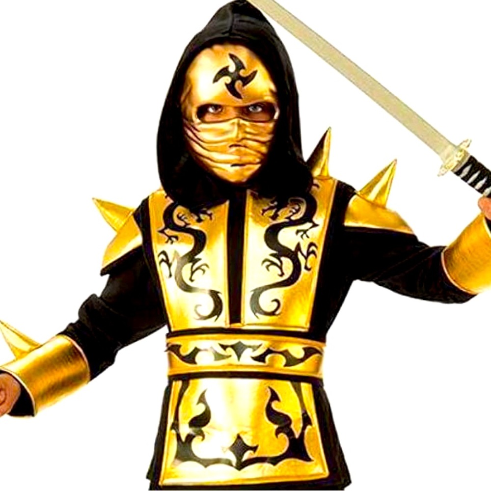 Golden Ninja Costume Cosplay Halloween Japanese Samurai Warrior Mask Shirt Belt